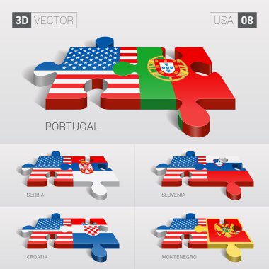 ABD ve Portekiz, Sırbistan, Slovenya, Hırvatistan, Karadağ bayrağı. 3D vektör bulmaca. 08 ayarla.
