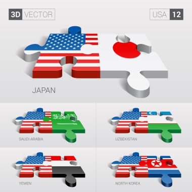 ABD ve Japonya, Suudi Arabistan, Özbekistan, Yemen, Kuzey Kore bayrağı. 3D vektör bulmaca. 12 ayarla.