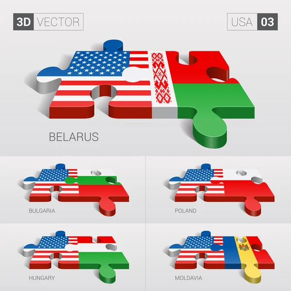 USA és Fehéroroszország, Bulgária, Lengyelország, Magyarország, Moldávia zászló. 3D puzzle egy vektor. 03 készlet. — Stock Vector