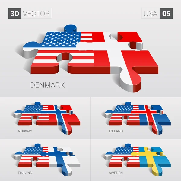 Estados Unidos y Dinamarca, Islandia, Noruega, Finlandia, Suecia Bandera. rompecabezas vector 3d. Set 05 . — Vector de stock