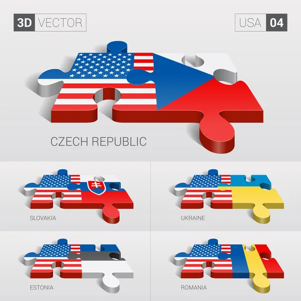 Estados Unidos y República Checa, Eslovaquia, Ucrania, Estonia, Rumania Bandera. rompecabezas vector 3d. Set 04 . — Vector de stock