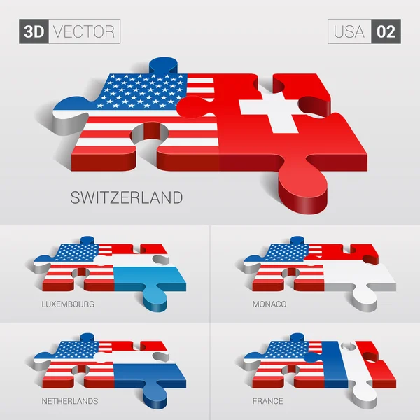 USA e Svizzera, Lussemburgo, Monaco, Paesi Bassi, Francia Bandiera. Puzzle vettoriale 3d. Set 02 . — Vettoriale Stock