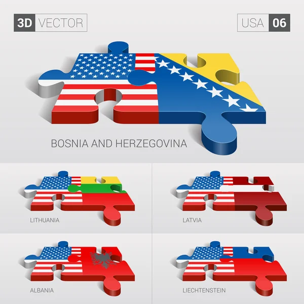 Estados Unidos y Bosnia y Herzegovina, Lituania, Letonia, Albania, Liechtenstein Bandera. rompecabezas vector 3d. Set 06 . — Vector de stock