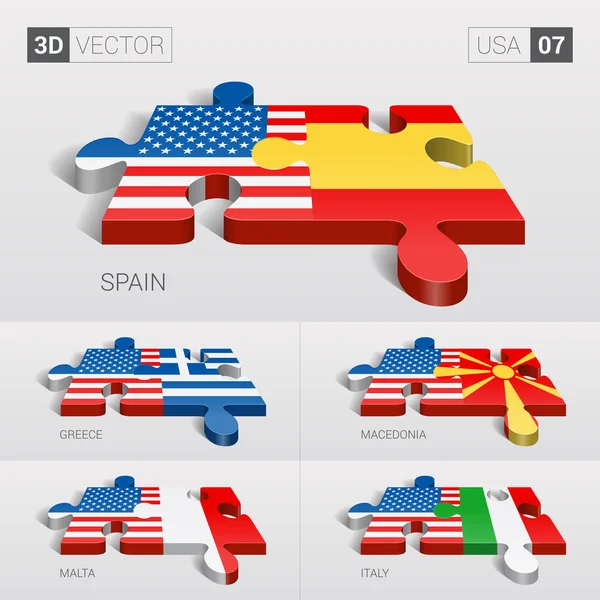 Estados Unidos y España, Grecia, Macedonia, Malta, Italia Bandera. rompecabezas vector 3d. Set 07 . — Archivo Imágenes Vectoriales