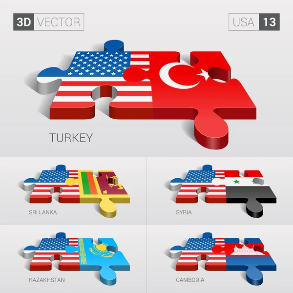 ABD ve Türkiye, Sri Lanka, Suriye, Kazakistan, Kamboçya bayrağı. 3D vektör bulmaca. 13 ayarla.