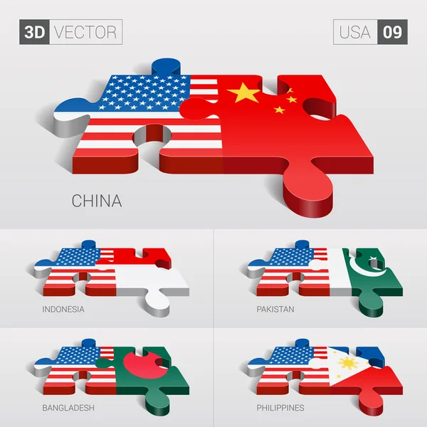 Bandera de Estados Unidos y China, Indonesia, Pakistán, Bangladesh, Filipinas. rompecabezas vector 3d. Set 09 . — Vector de stock