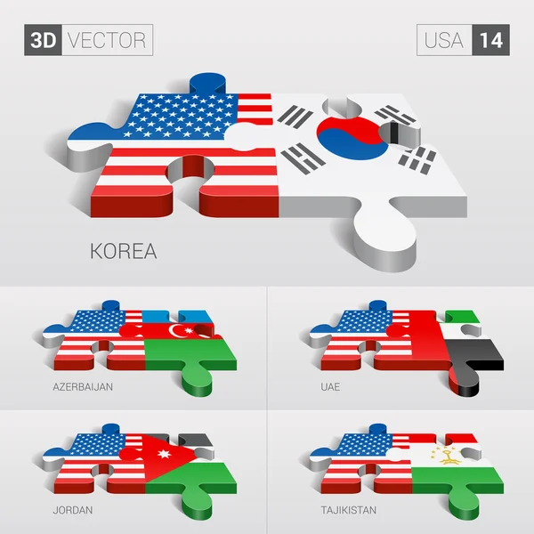 Estados Unidos y Corea, Azerbaiyán, Emiratos Árabes Unidos, Jordania, Tayikistán Bandera. rompecabezas vector 3d. Set 14 . — Vector de stock