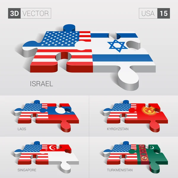 Estados Unidos e Israel, Laos, Kirguistán, Singapur, Turkmenistán Bandera. rompecabezas vector 3d. Set 15 . — Vector de stock