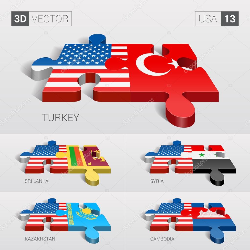 USA and Turkey, Sri Lanka, Syria, Kazakhstan, Cambodia Flag. 3d vector puzzle. Set 13.