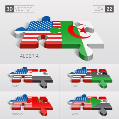 USA and Algeria, Egypt, Libya, Morocco, Sudan Flag. 3d vector puzzle. Set 22.