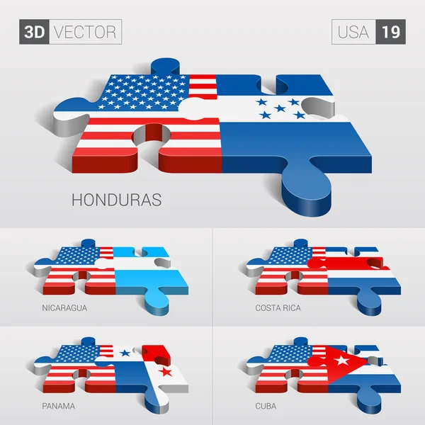 Bandera de Estados Unidos y Honduras, Nicaragua, Costa Rica, Panamá, Cuba. rompecabezas vector 3d. Set 19 . — Vector de stock