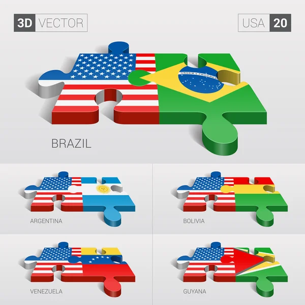 USA and Brazil, Argentina, Bolivia, Venezuela, Guyana Flag. 3d vector puzzle. Set 20. — 스톡 벡터