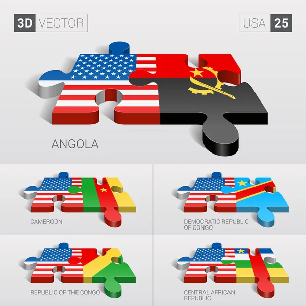 EUA e Angola, Camarões, República Democrática do Congo, República do Congo, República Centro-Africana Bandeira. 3d vetor quebra-cabeça. Conjunto 25 . — Vetor de Stock