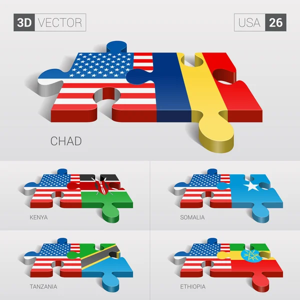 EUA e Chade, Quênia, Somália, Tanzânia, Etiópia Bandeira. 3d vetor quebra-cabeça. Conjunto 26 . — Vetor de Stock