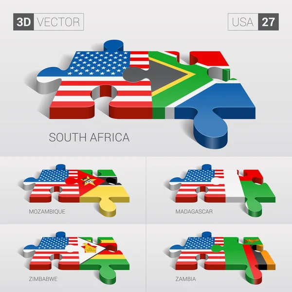 Estados Unidos y Sudáfrica, Mozambique, Madagascar, Zimbabue, Zambia Bandera. rompecabezas vector 3d. Set 27 . — Vector de stock