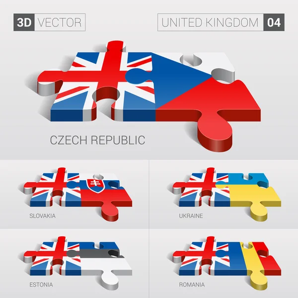 United Kingdom and Czech, Slovakia, Ukraine, Estonia, Romania Flag. 3d vector puzzle. Set 04. — Stock Vector