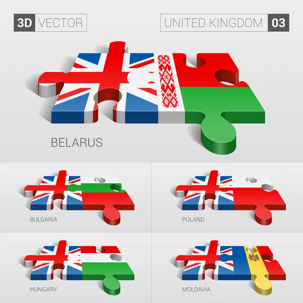United Kingdom and Belarus, Bulgaria, Poland, Hungary, Moldavia Flag. 3d vector puzzle. Set 03. — ストックベクタ