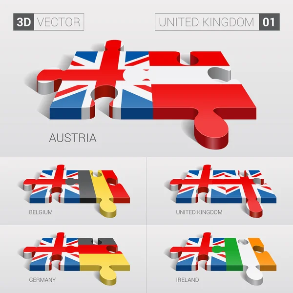 Reino Unido y Austria, Bélgica, Reino Unido, Alemania, Irlanda Bandera. rompecabezas vector 3d. Set 01 . — Vector de stock