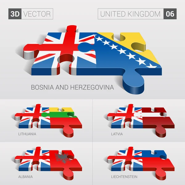 United Kingdom and Bosnia and Herzegovina, Lithuania, Latvia, Albania, Liechtenstein Flag. 3d vector puzzle. Set 06. — ストックベクタ