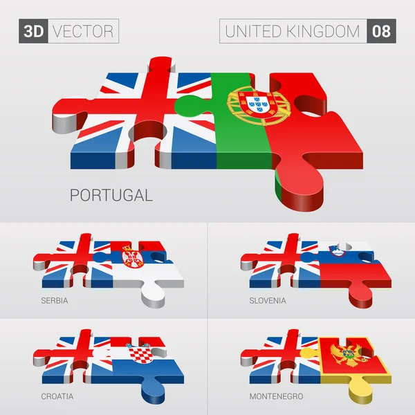 Reino Unido y Portugal, Serbia, Eslovenia, Croacia, Montenegro Bandera. rompecabezas vector 3d. Set 08 . — Vector de stock