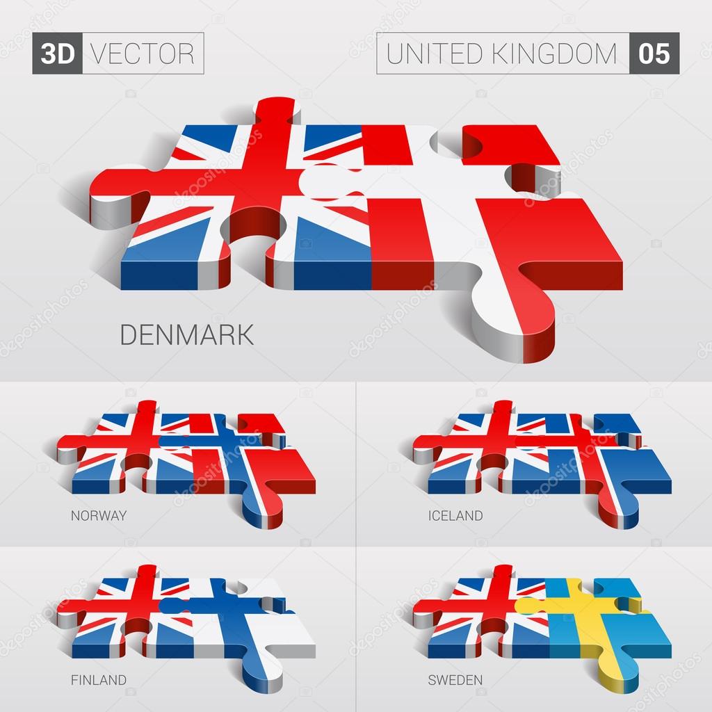 United Kingdom and Denmark, Iceland, Norway, Finland, Sweden Flag. 3d vector puzzle. Set 05.
