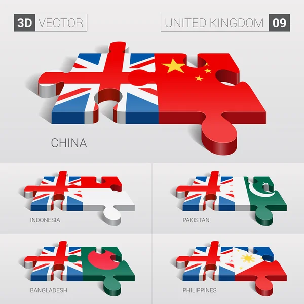 United Kingdom and China, Indonesia, Pakistan, Bangladesh, Philippines Flag. 3d vector puzzle. Set 09. — Wektor stockowy