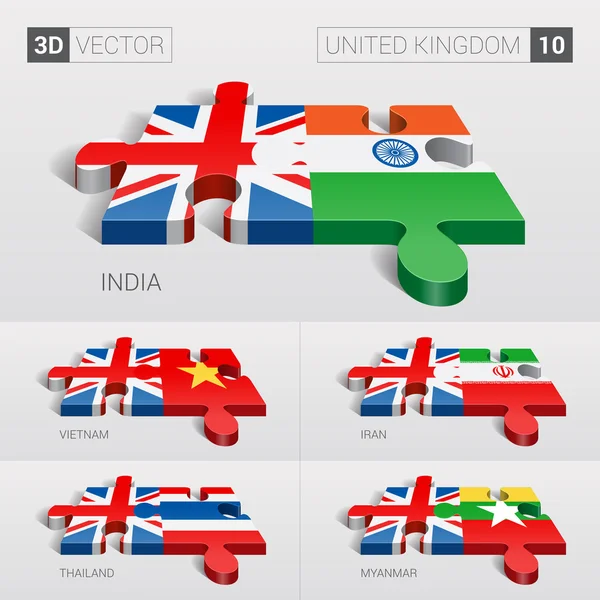United Kingdom and India, Vietnam, Iran, Thailand, Myanmar Flag. 3d vector puzzle. Set 10. — Stockvector
