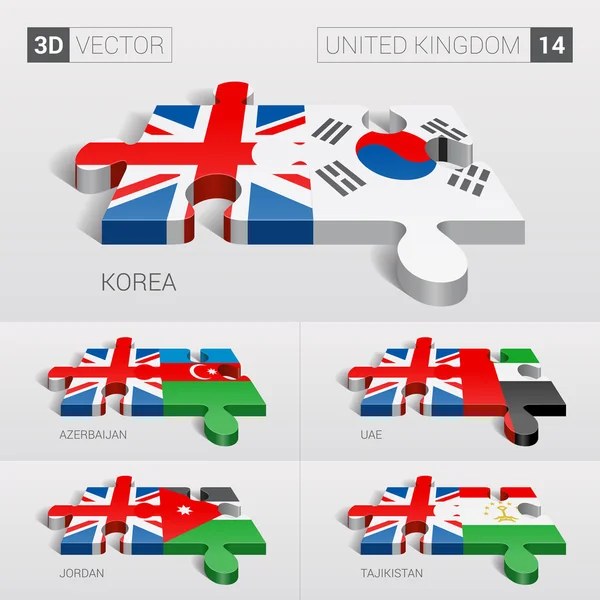 Reino Unido y Corea, Azerbaiyán, Emiratos Árabes Unidos, Jordania, Tayikistán Bandera. rompecabezas vector 3d. Set 14 . — Archivo Imágenes Vectoriales