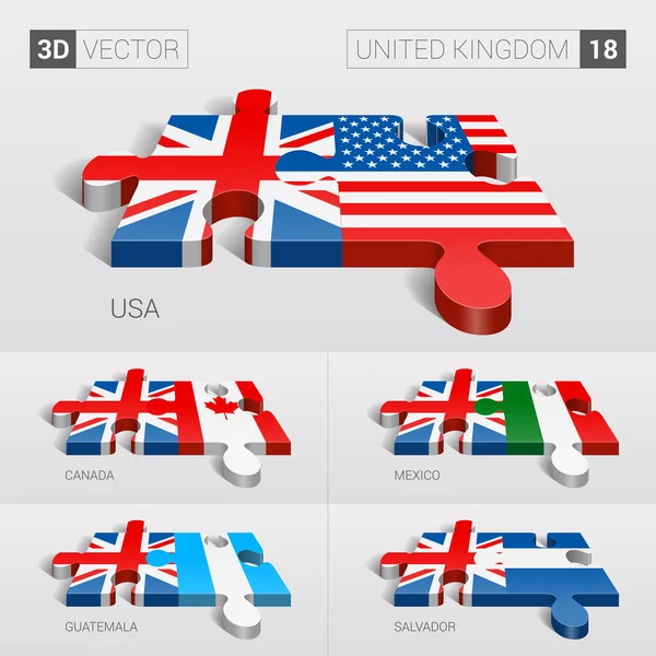 Reino Unido y Estados Unidos, Canadá, México, Guatemala, Salvador Bandera. rompecabezas vector 3d. Set 18 . — Vector de stock