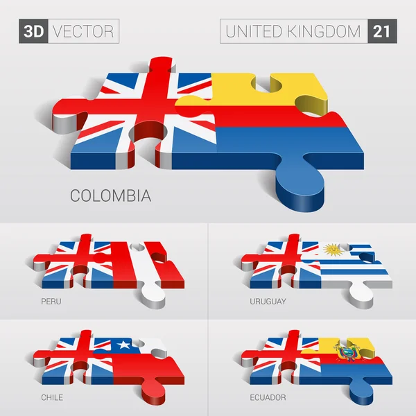 Bandera del Reino Unido y Colombia, Perú, Uruguay, Chile, Ecuador. rompecabezas vector 3d. Set 21 . — Vector de stock