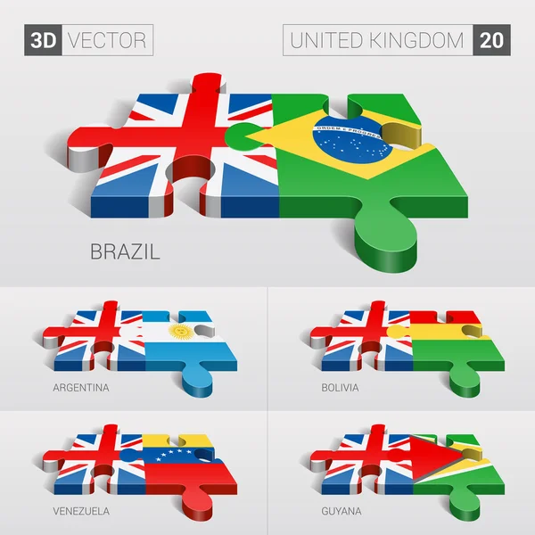 United Kingdom and Brazil, Argentina, Bolivia, Venezuela, Guyana Flag. 3d vector puzzle. Set 20. — Stock Vector