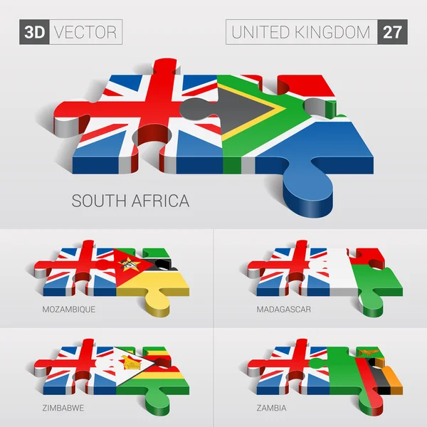 United Kingdom and South Africa, Mozambique, Madagascar, Zimbabwe, Zambia Flag. 3d vector puzzle. Set 27. — 스톡 벡터