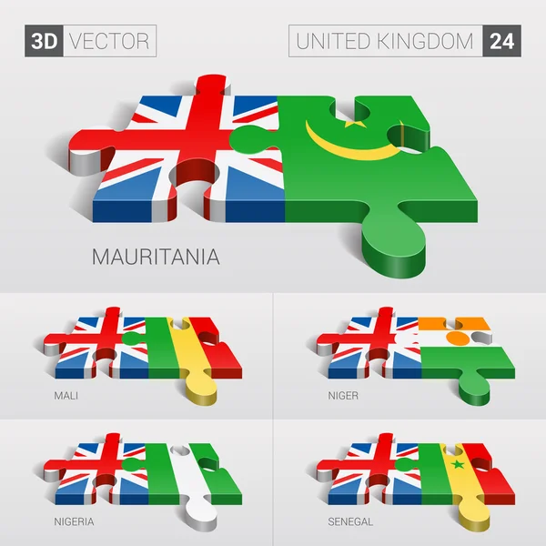 United Kingdom and Mauritania, Mali, Niger, Nigeria, Senegal Flag. 3d vector puzzle. Set 24. — Wektor stockowy