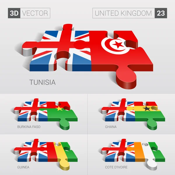 Royaume-Uni et Tunisie, Burkina Faso, Ghana, Guinée, Côte d'Ivoire Drapeau. Puzzle vectoriel 3D. Set 23 . — Image vectorielle