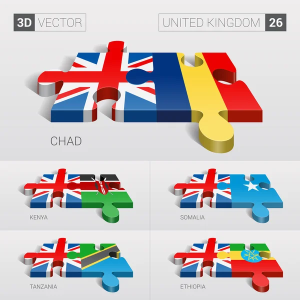Bandera de Reino Unido y Chad, Kenia, Somalia, Tanzania, Etiopía. rompecabezas vector 3d. Set 26 . — Vector de stock