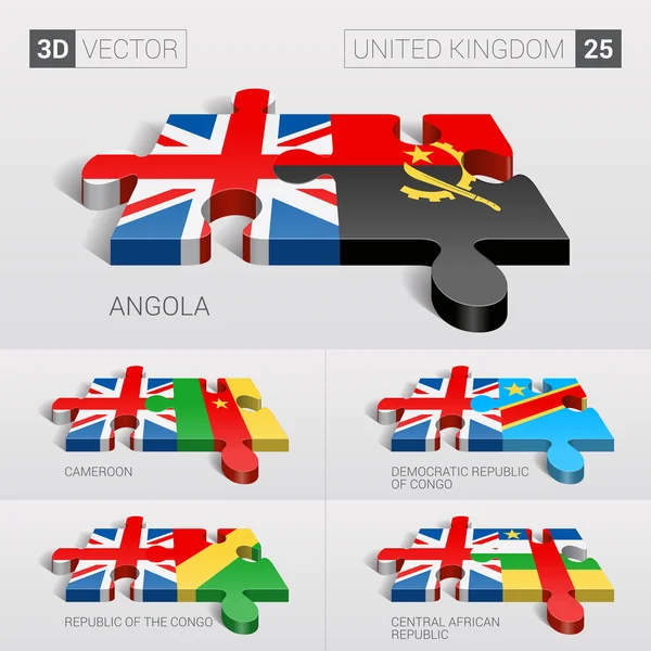 United Kingdom and Angola, Cameroon, Democratic Republic of Congo, Republic of the Congo, Central African Republic Flag. 3d vector puzzle. Set 25. — Wektor stockowy
