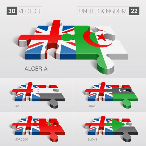 Bandera de Sudán, Reino Unido y Argelia, Egipto, Libia, Marruecos. rompecabezas vector 3d. Set 22 . — Vector de stock