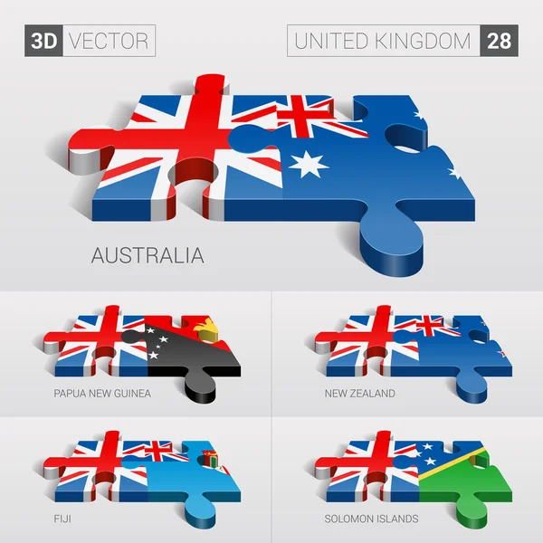 United Kingdom and Australia, Papua New Guinea, New Zealand, Fiji, Solomon Islands Flag. 3d vector puzzle. Set 28. — 图库矢量图片