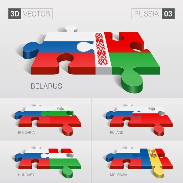 Rússia e Bielorrússia, Bulgária, Polónia, Hungria, Moldávia Bandeira. 3d vetor quebra-cabeça. Set 03 . — Vetor de Stock