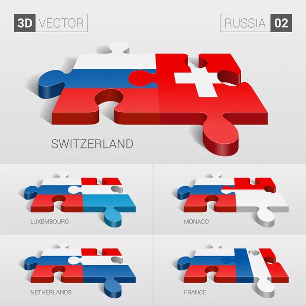 Russia and Switzerland, Luxembourg, Monaco, Netherlands, France Flag. 3d vector puzzle. Set 02. — Stockvector