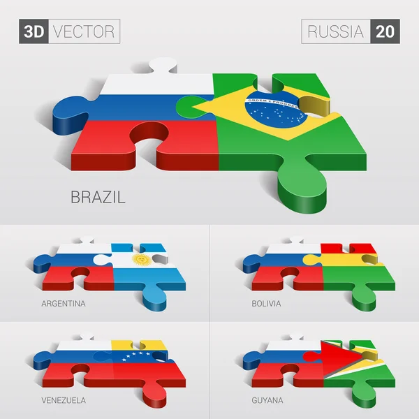 Russia and Brazil, Argentina, Bolivia, Venezuela, Guyana Flag. 3d vector puzzle. Set 20. — Διανυσματικό Αρχείο