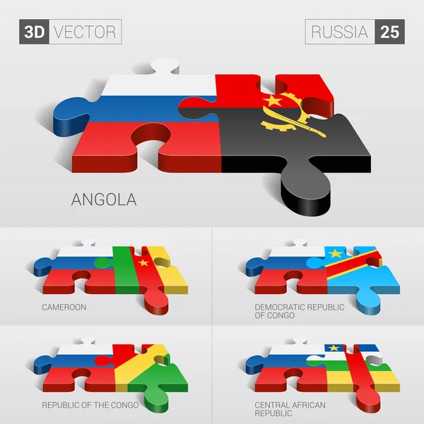 Rusia y Angola, Camerún, República Democrática del Congo, República del Congo, Bandera de la República Centroafricana. rompecabezas vector 3d. Set 25 . — Archivo Imágenes Vectoriales