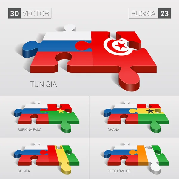 Russia and Tunisia, Burkina Faso, Ghana, Guinea, Cote d'Ivoire Flag. 3d vector puzzle. Set 23. — 스톡 벡터