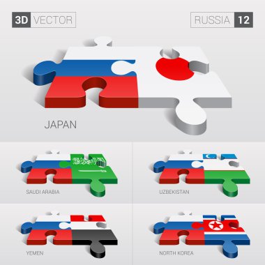 Russia and Japan, Saudi Arabia, Uzbekistan, Yemen, North Korea Flag. 3d vector puzzle. Set 12.