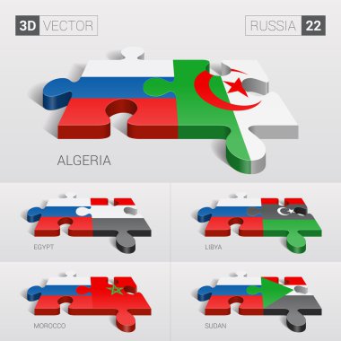 Russia and Algeria, Egypt, Libya, Morocco, Sudan Flag. 3d vector puzzle. Set 22.
