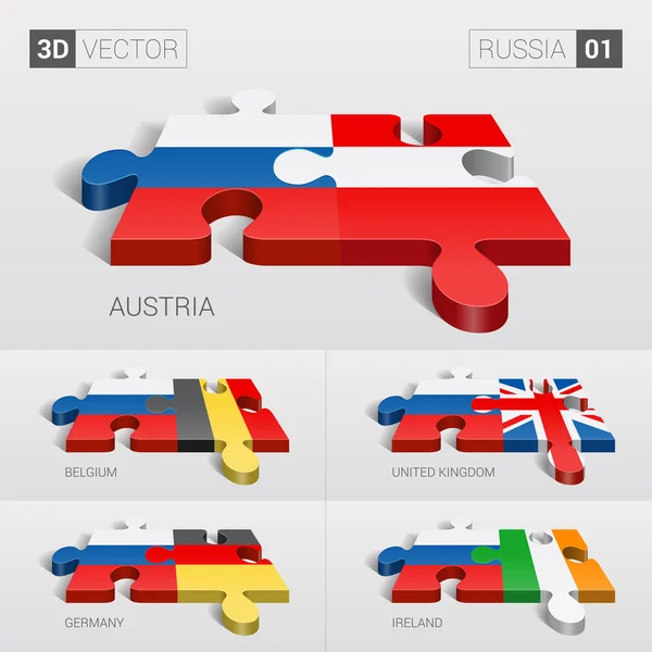 Russia e Austria, Belgio, Regno Unito, Germania, Irlanda bandiera. Puzzle vettoriale 3d. Set 01 . — Vettoriale Stock