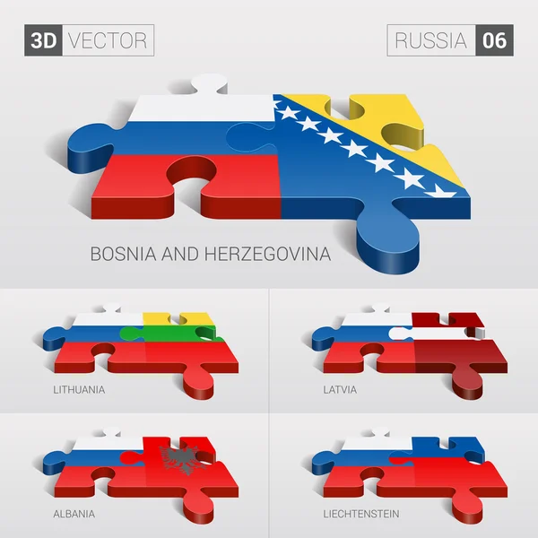 Bandera de Liechtenstein, Rusia y Bosnia y Herzegovina, Lituania, Letonia, Albania. rompecabezas vector 3d. Set 06 . — Vector de stock