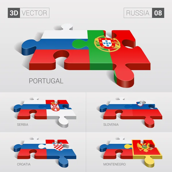 Rusia y Portugal, Serbia, Eslovenia, Croacia, Montenegro Bandera. rompecabezas vector 3d. Set 08 . — Vector de stock