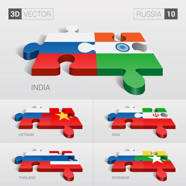 Bandera de Rusia e India, Vietnam, Irán, Tailandia, Myanmar. rompecabezas vector 3d. Set 10 . — Vector de stock