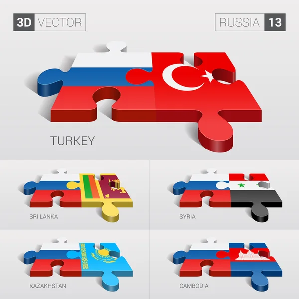 Russia and Turkey, Sri Lanka, Syria, Kazakhstan, Cambodia Flag. 3d vector puzzle. Set 13. — Wektor stockowy